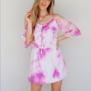 New! Clearance 🔥 Pink Cold Shoulder Tie Dye mid Elastic Dress